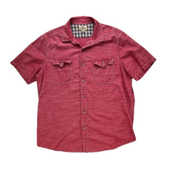 Woolrich Button Down Short Sleeve Shirt 100% Cotton Denim Linen Look Men's Large - Picture 1 of 5